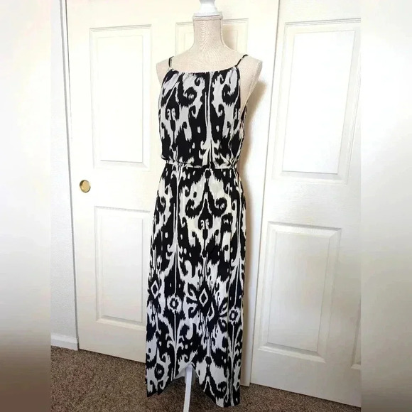 Athleta Black Off White Ikat Bloom Sleeveless Halter Tassel Tie Hi Lo Maxi Dress - Picture 4 of 10